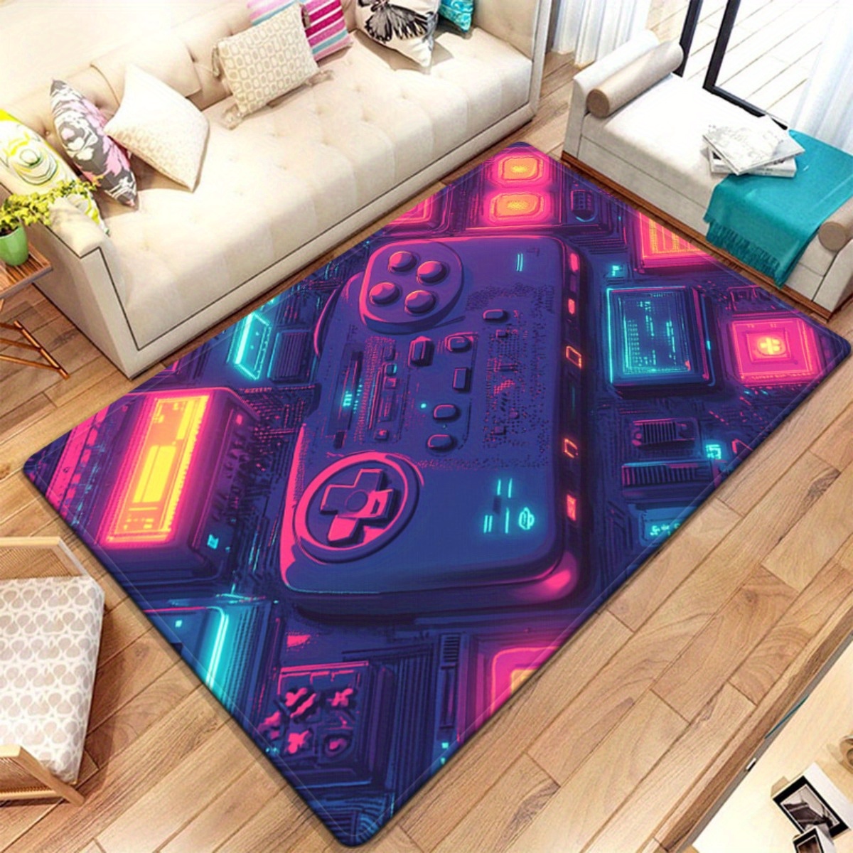 Retro Gaming Space - 네온 게이머 러그 – 레트로 게임